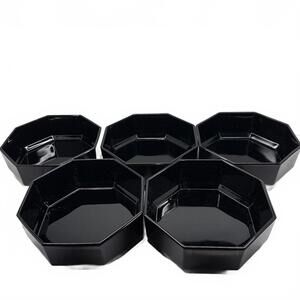 Set of five black glass Arcoroc Octime octagonal bowls.